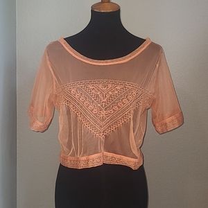 Pale Peach Orange Sheer Mesh Embroidered Crop Top